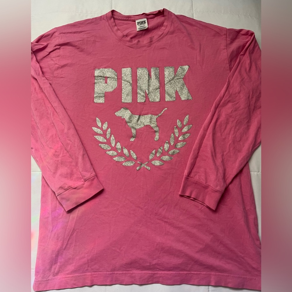 PINK Victoria Secret Long Sleeve Glitter Logo Tee